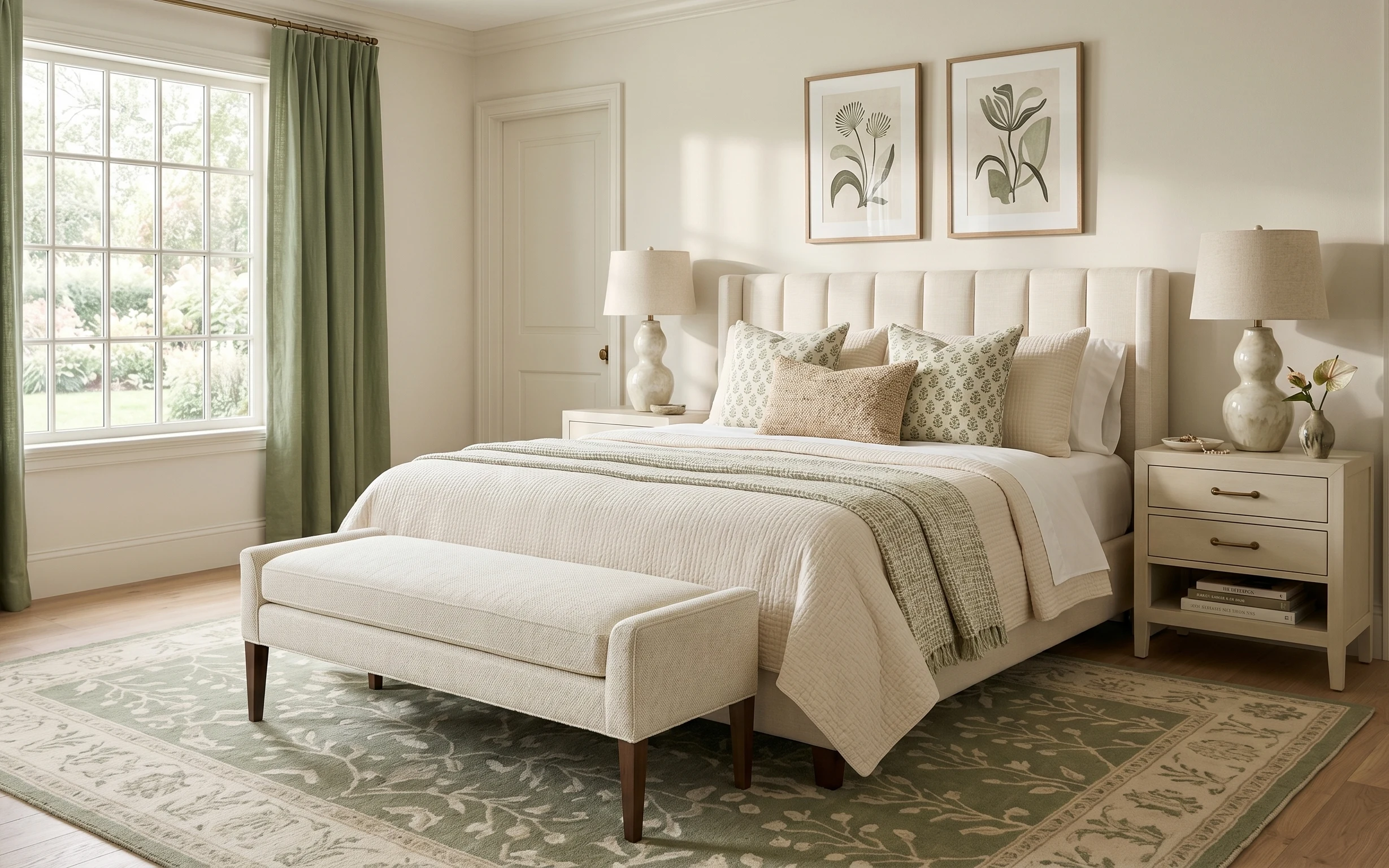 Olive green curtains and cream layered bed textiles with botanical framed art and plug-in table lamps