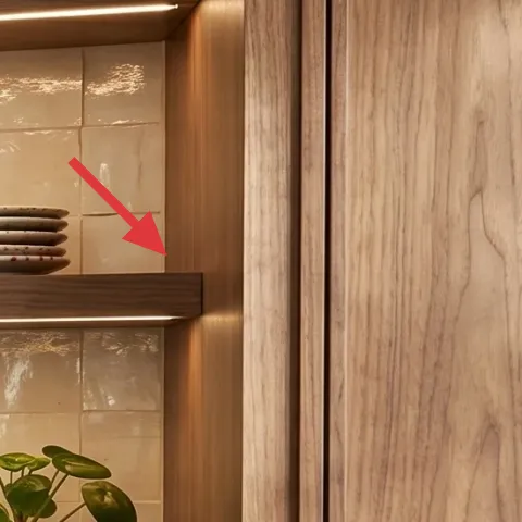 Ceramic mugs on upper shelf