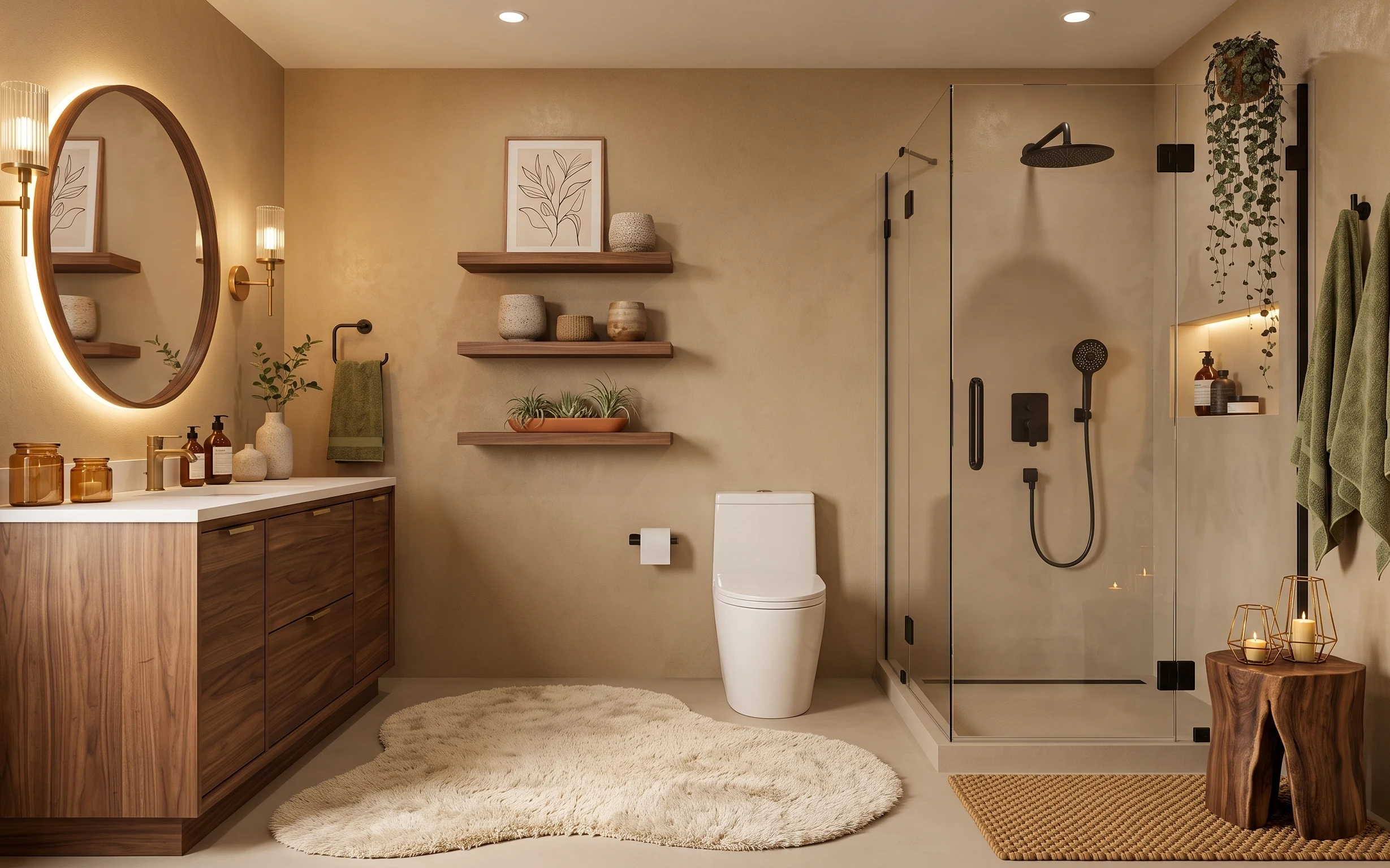 Spa-style renter bathroom with warm wood storage, framed botanical art, shag rug, and candle lanterns