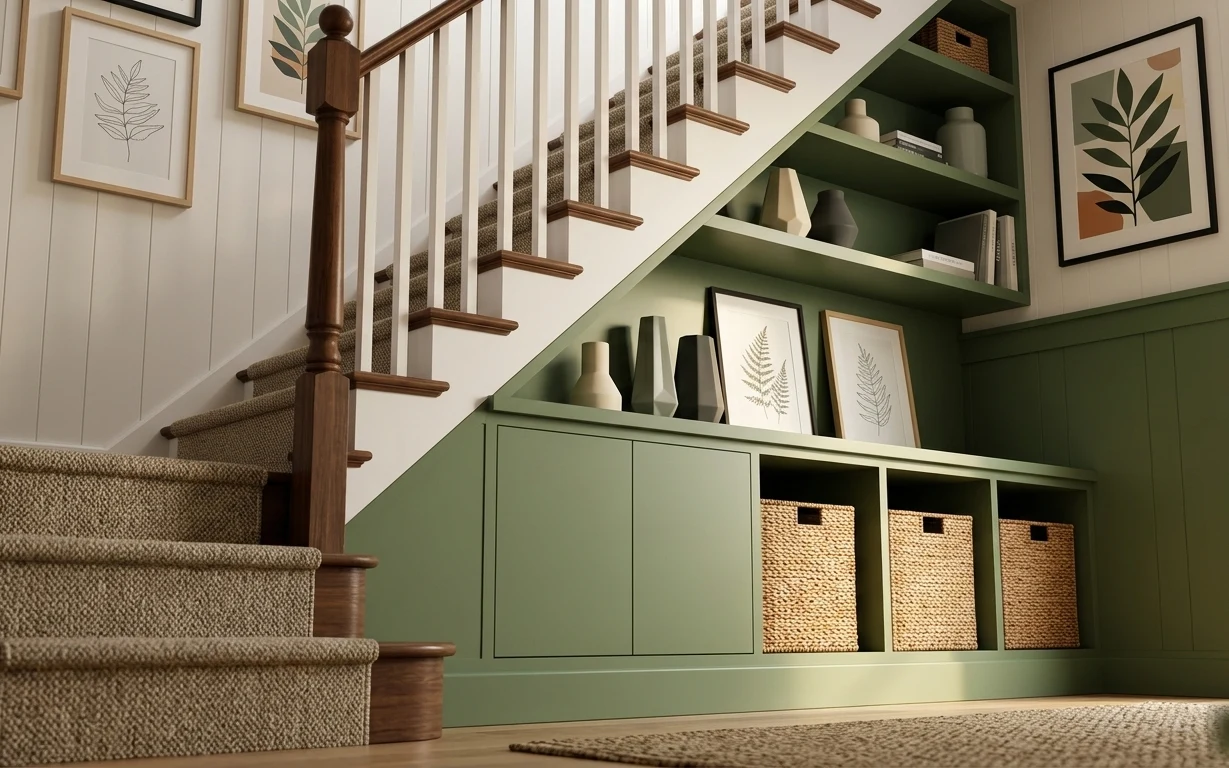 Stair landing with wood rails, green built-in shelves, woven baskets, ceramic vases, botanical prints, and textured stair carpet