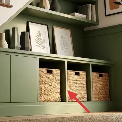 woven storage baskets on shelves