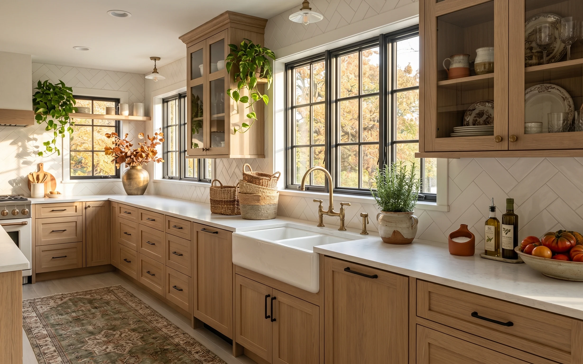Sunny kitchen with light wood cabinets, white herringbone tile backsplash, brass faucet, woven baskets, rug, and leafy plant by windows