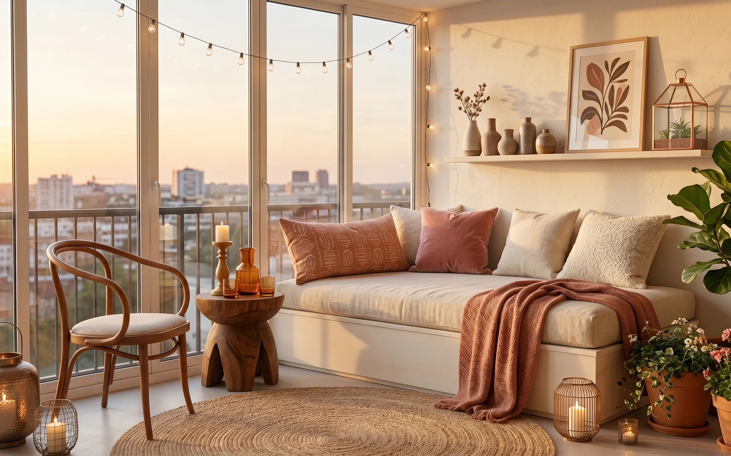 Sunroom daybed nook with cream pillows, terracotta throw, curtain panels, string lights, framed botanical art, and potted plants