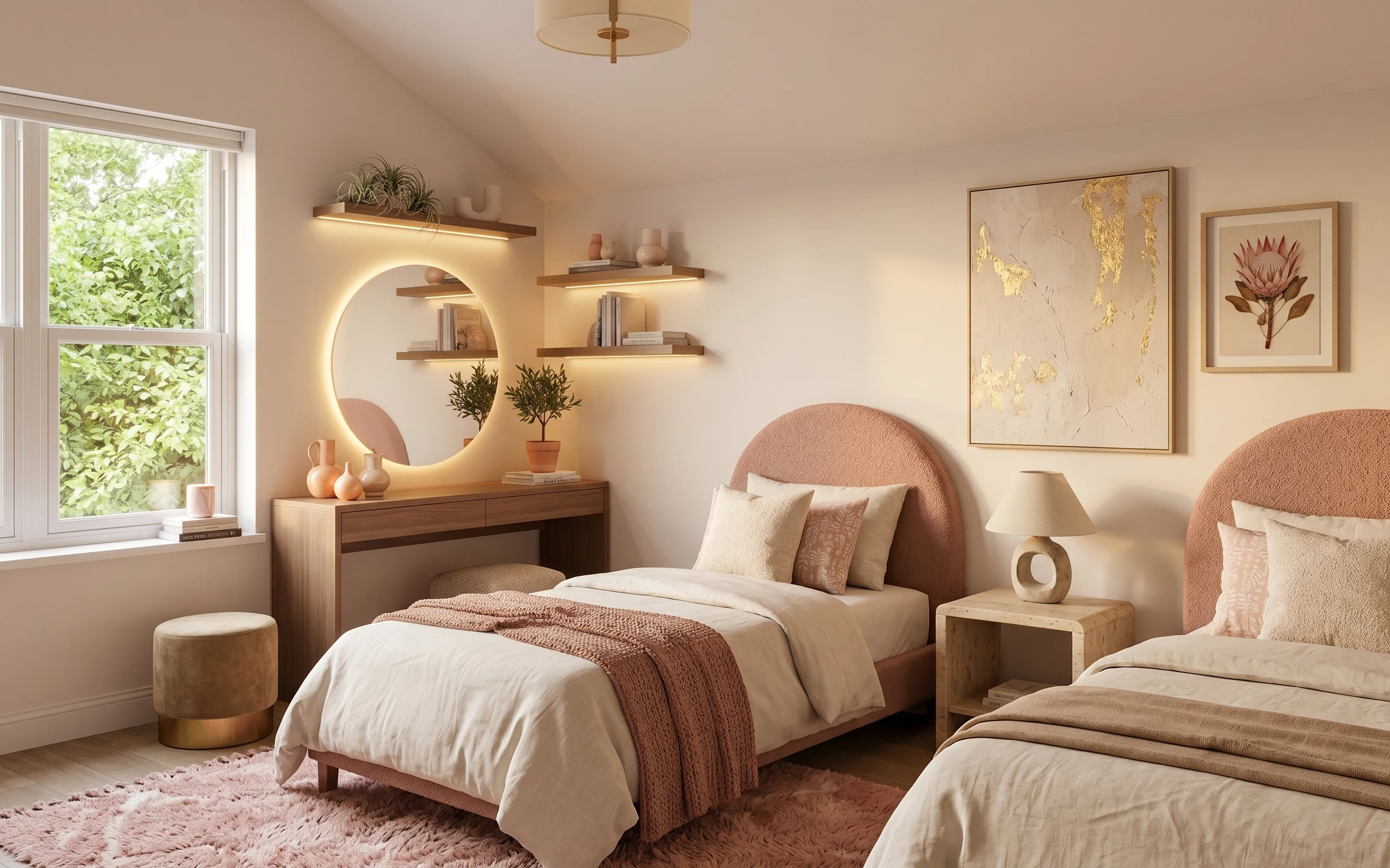 Warm boho bedroom with arched mirror, bedside lamp, wood shelves, framed botanical art, and plush rug