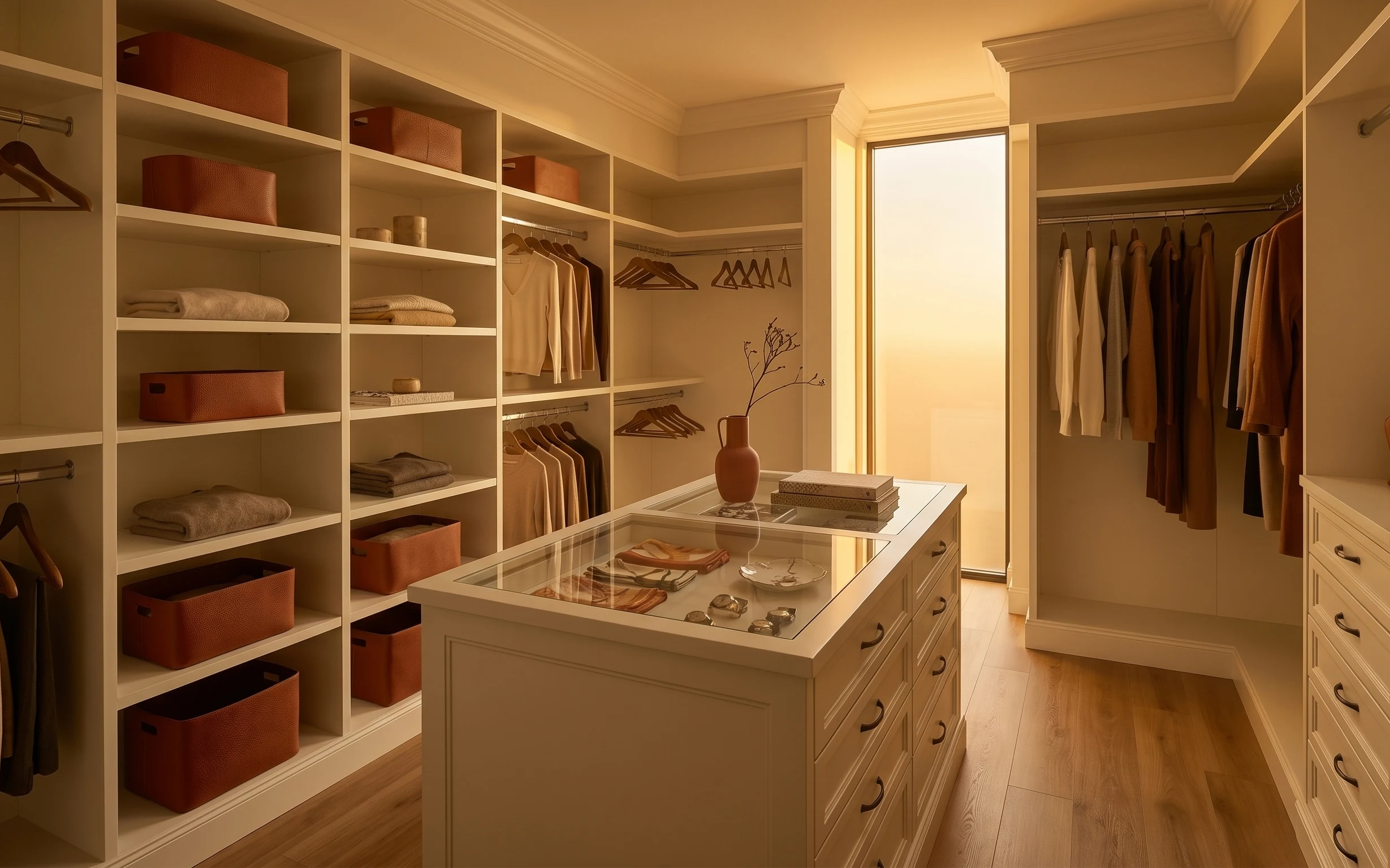 Warm japandi walk-in closet with white shelves, woven baskets, curtain panels, and a glass-topped dresser styled with books and a vase.