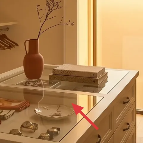 decorative tray on glass dresser top