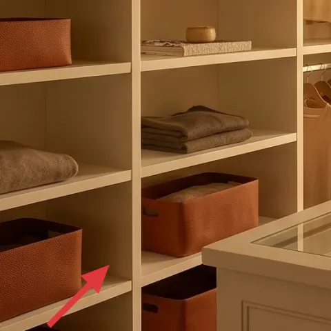 woven storage baskets on shelving