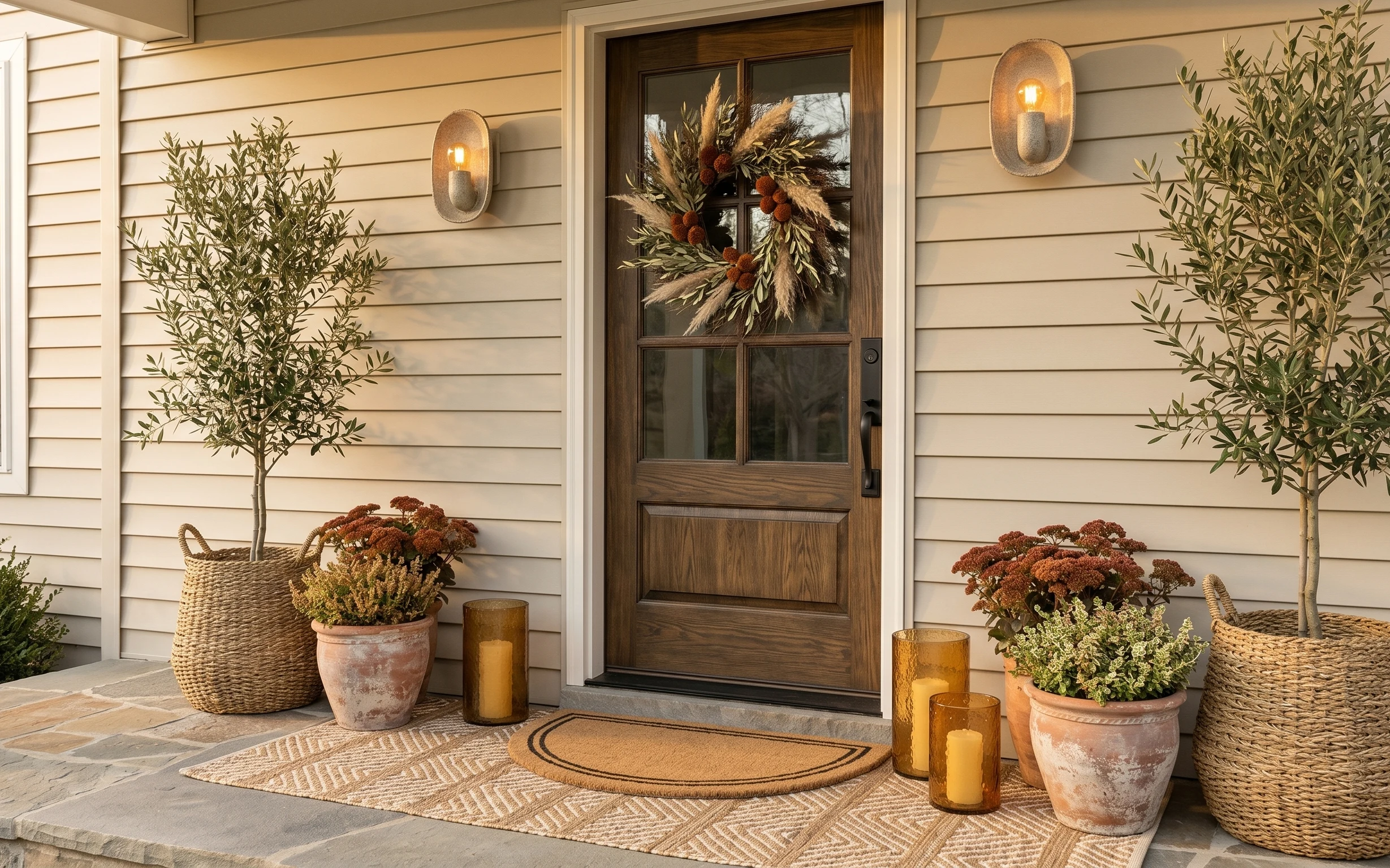 Front porch entry with wood door, brass wall sconces, floral wreath, terracotta planters, woven baskets, and beige outdoor rug