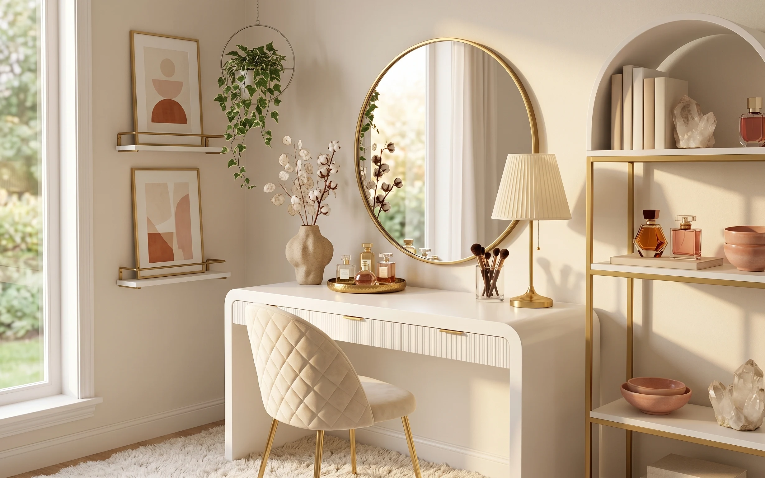 Warm japandi vanity shelf nook with gold round mirror, plug-in lamp, white shag rug, tray styling, and terracotta accents