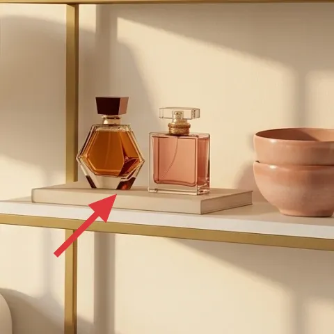 gold decorative tray on console shelf