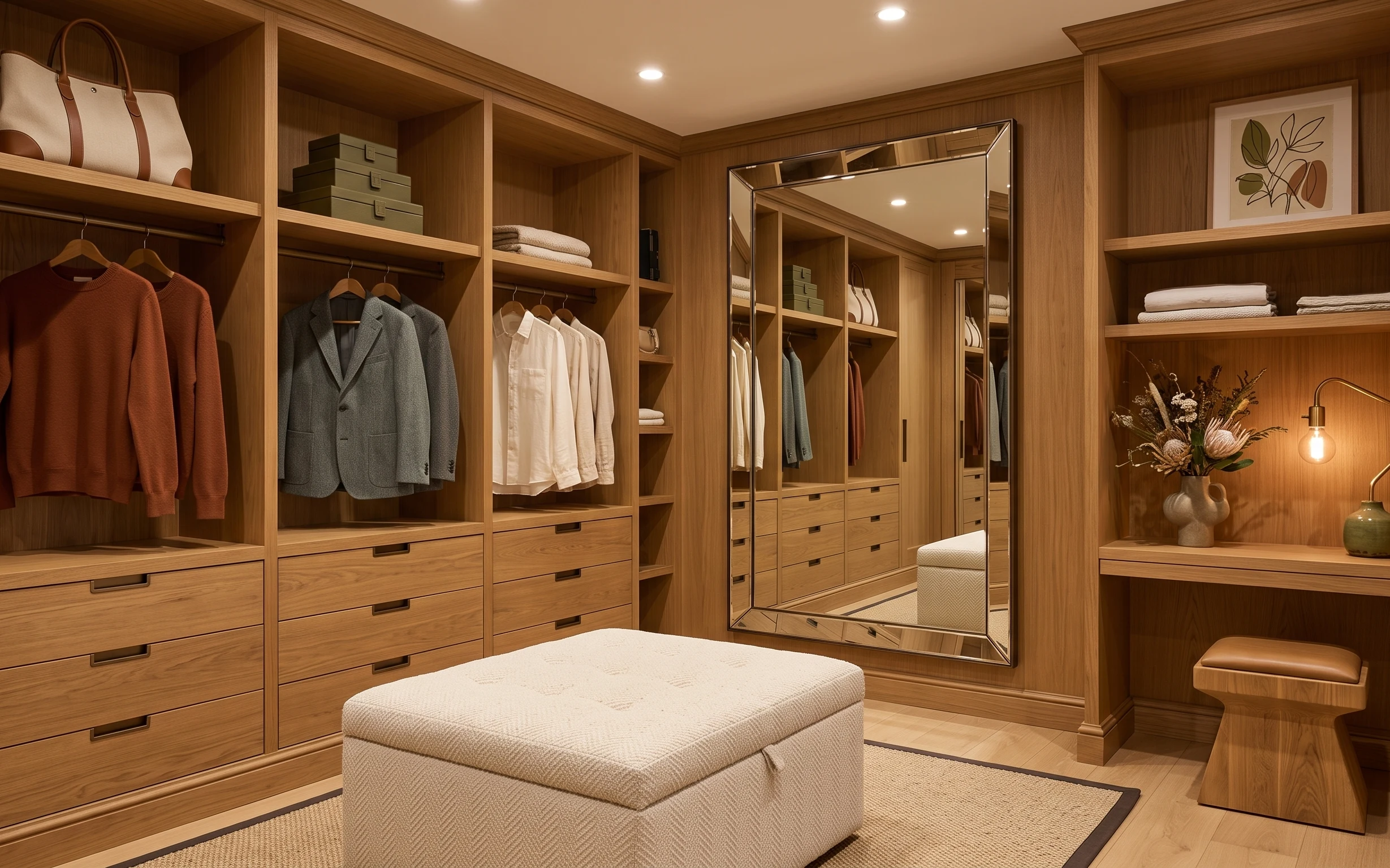 Warm wood walk-in closet nook with beige rug, large framed mirror, brass arc sconce, bench seat, and framed botanical art.