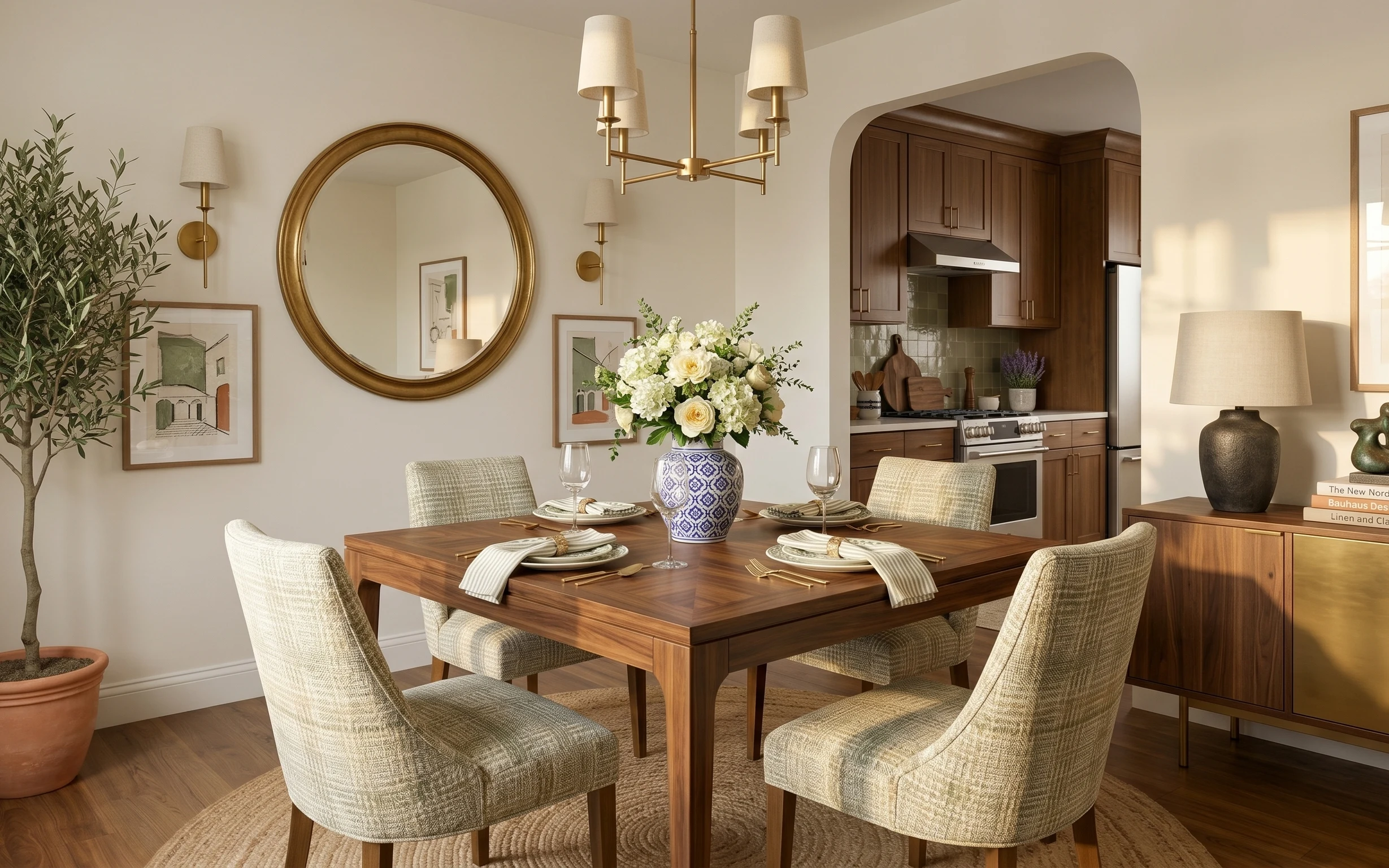 Dining nook with round gold mirror, brass table lamp, framed art, woven rug, and terracotta potted tree