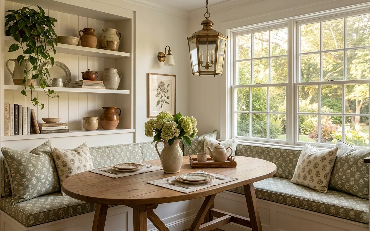 Sage patterned banquette nook with brass lantern pendant, framed botanical art, and styled ceramic centerpiece