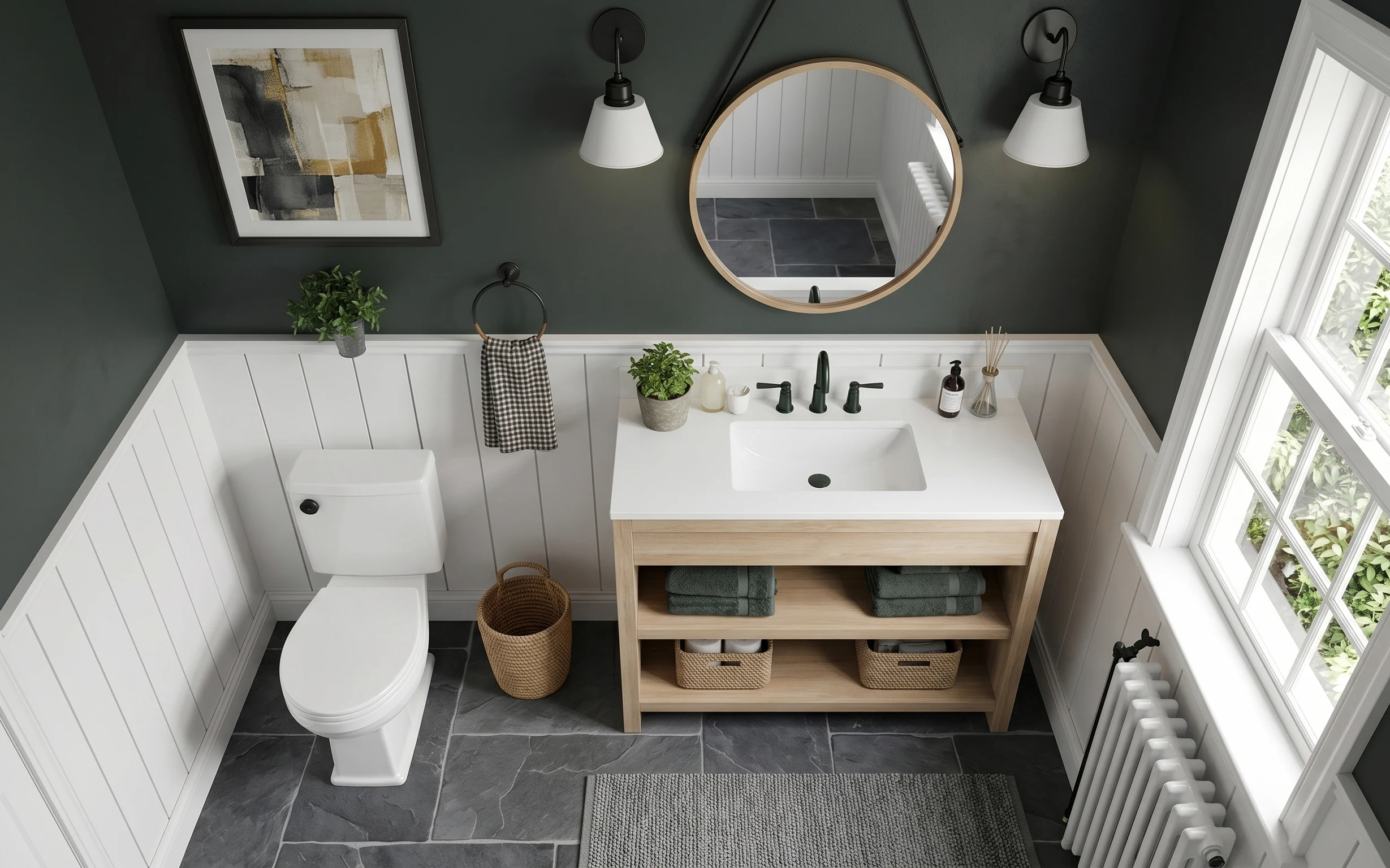 Bathroom corner with gray wall, white wainscoting, round mirror, black pendant lights, white vanity, woven basket, and slate tile floor