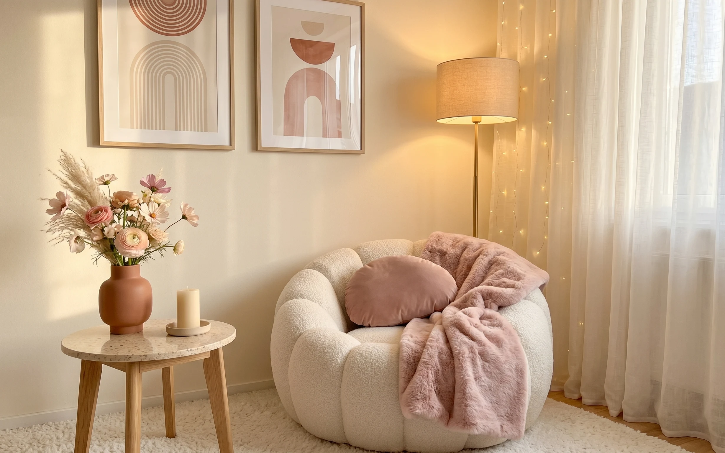 Blush-and-cream boucle armchair nook with cream rug, sheer curtains, drum-shade floor lamp, string lights, and framed abstract prints