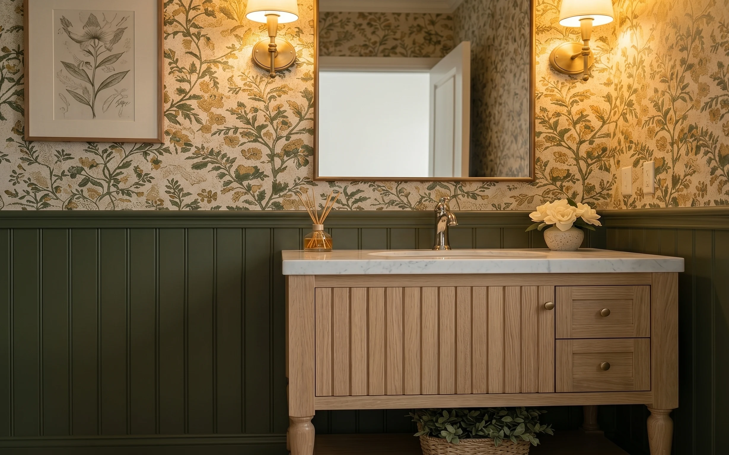 Warm botanical wallpaper bathroom vanity nook with brass wall sconces, rectangular mirror, framed botanical art, and marble countertop