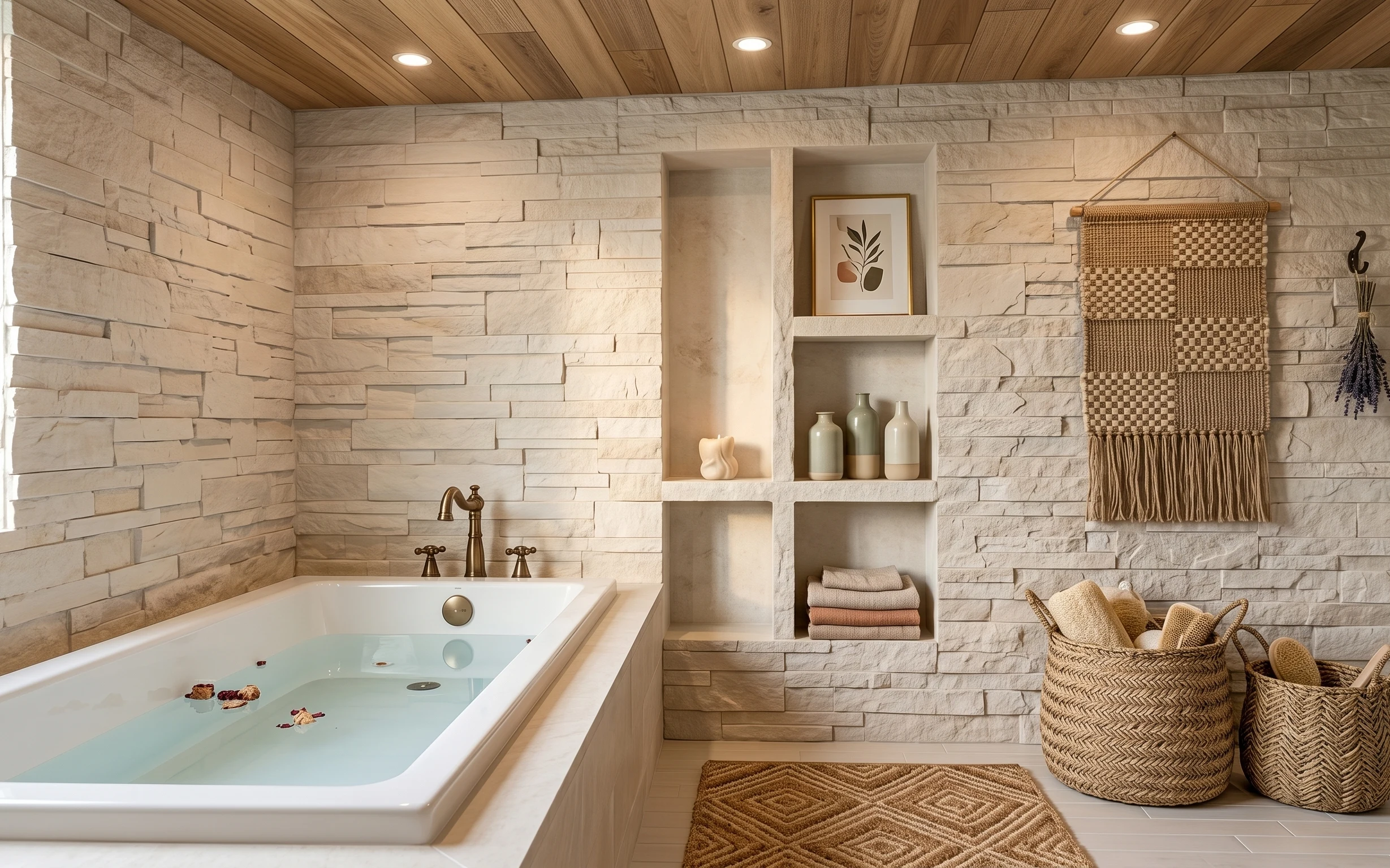 Warm beige stone tile bathroom tub nook with brass faucet, niches, woven wall hanging, and woven floor rug