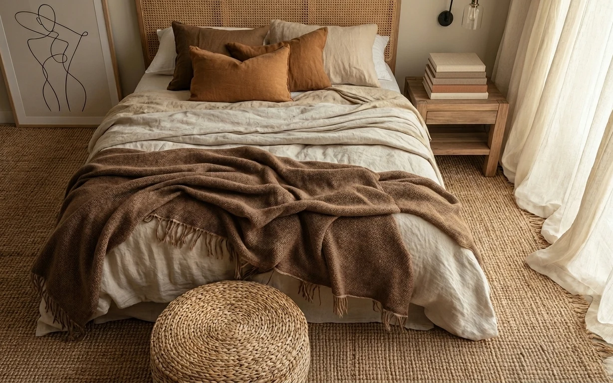 Earthy neutrals bedroom corner with woven rug, upholstered headboard, cream curtains, and a brown throw