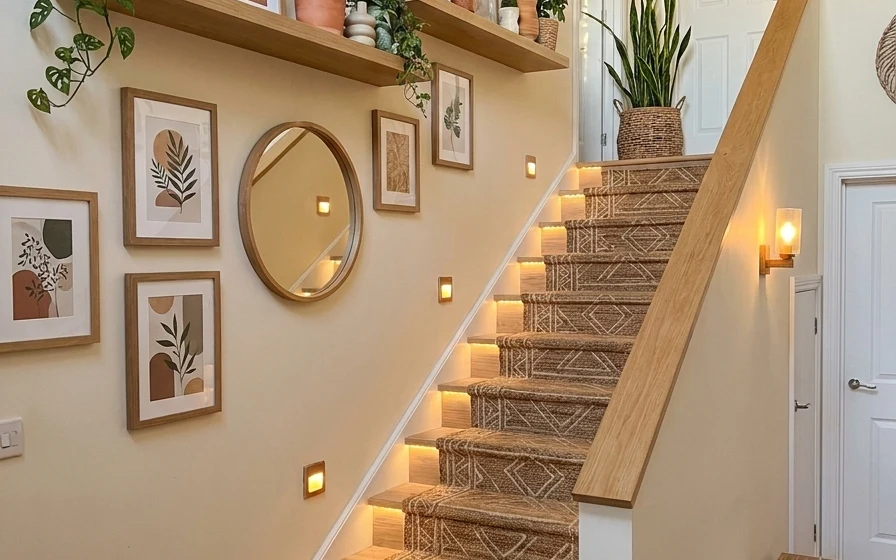 Staircase landing with patterned runner, wood floating shelves, plants, framed botanical art, oval mirror, and brass wall sconces