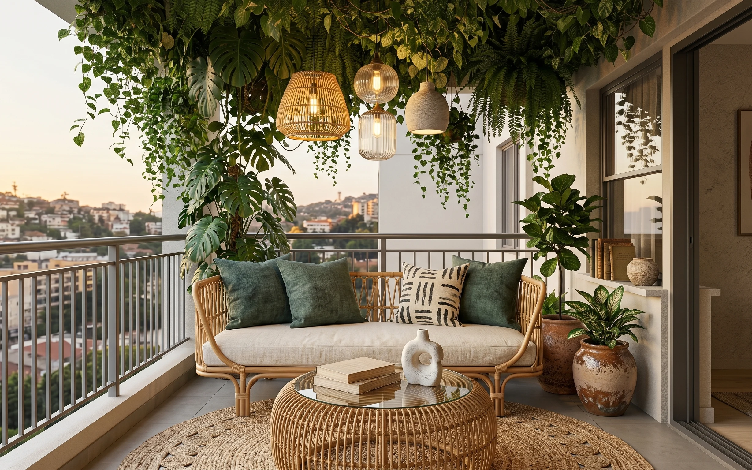 Rattan daybed on a balcony with jute rug, hanging greenery, pendant lights, and green pillows