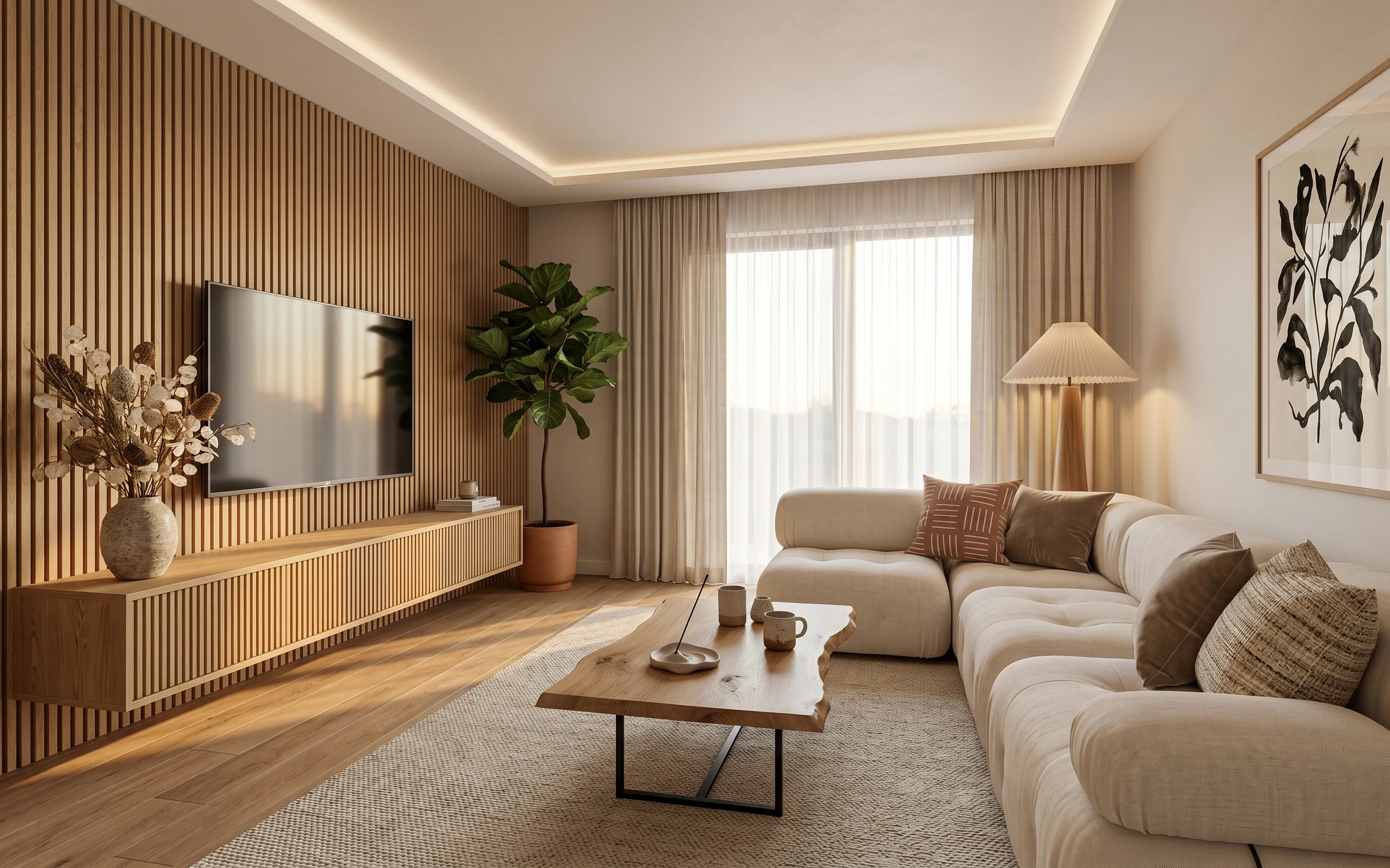 Beige sofa corner with warm oak floor, layered curtains, table lamp, framed botanical art, plant, and coffee table