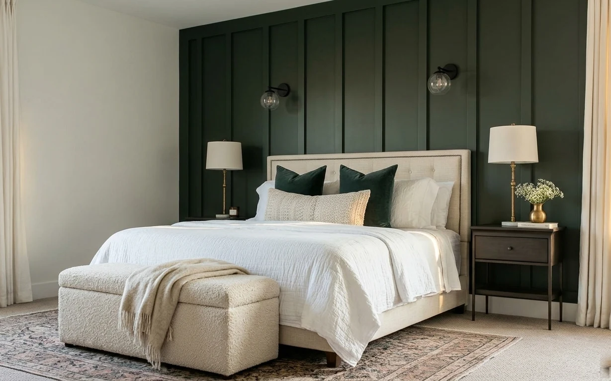 Modern bedroom with dark green paneled wall, cream upholstered bed, side tables, warm lamps, and patterned area rug