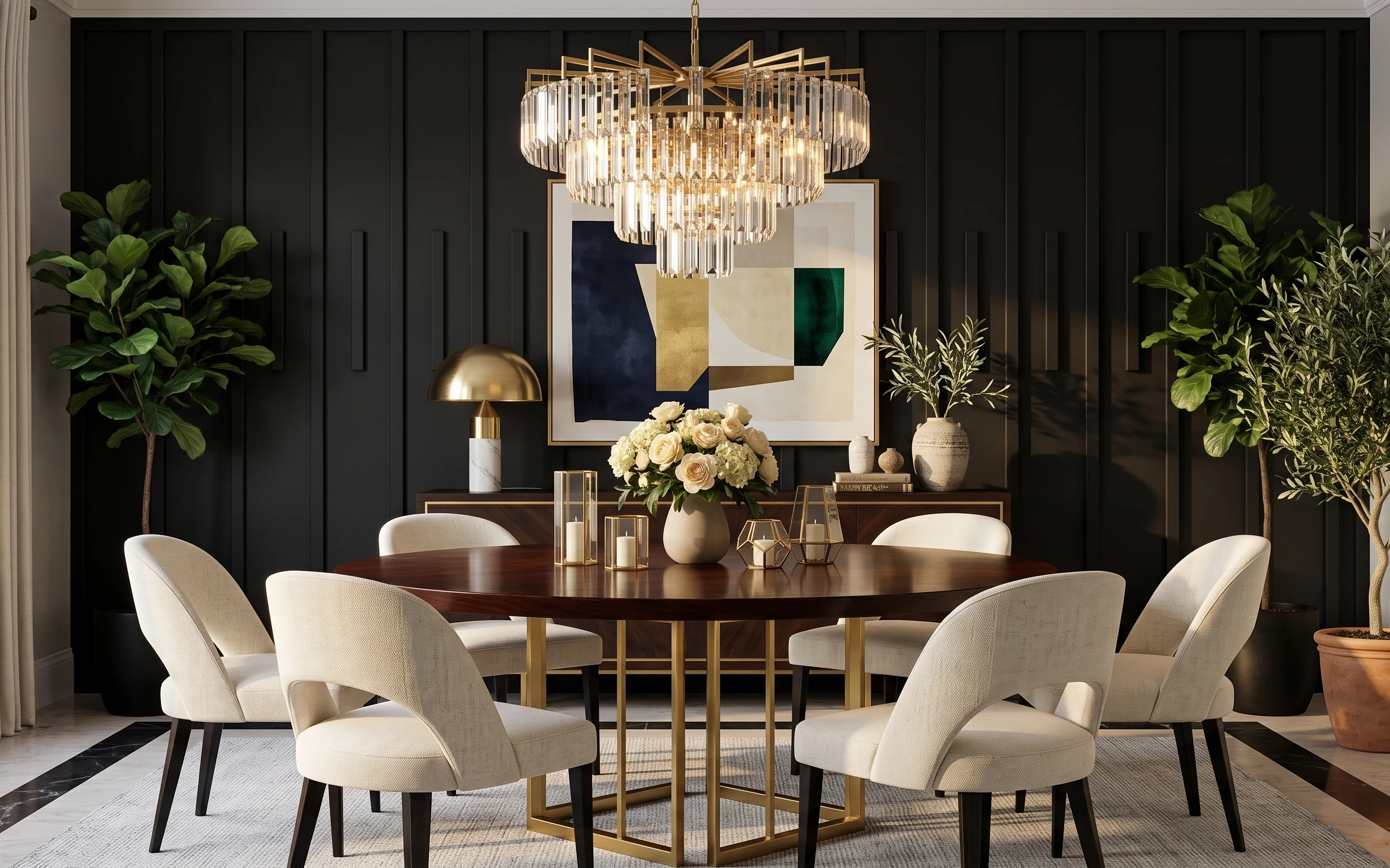 Modern glam dining room with cream chairs, light gray rug, dark paneled wall, framed abstract art, brass accents, and warm lighting