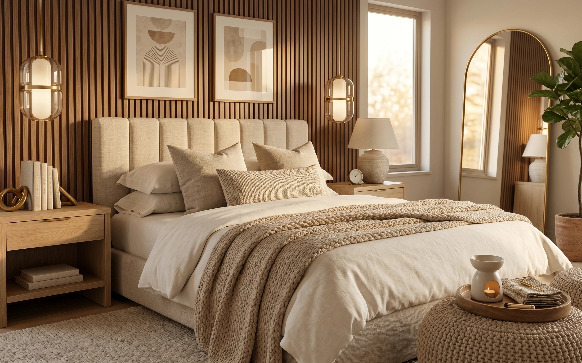 Neutral bedroom with slat wall, bed with knit throw and textured pillows, beige lamp, framed prints, and arch mirror