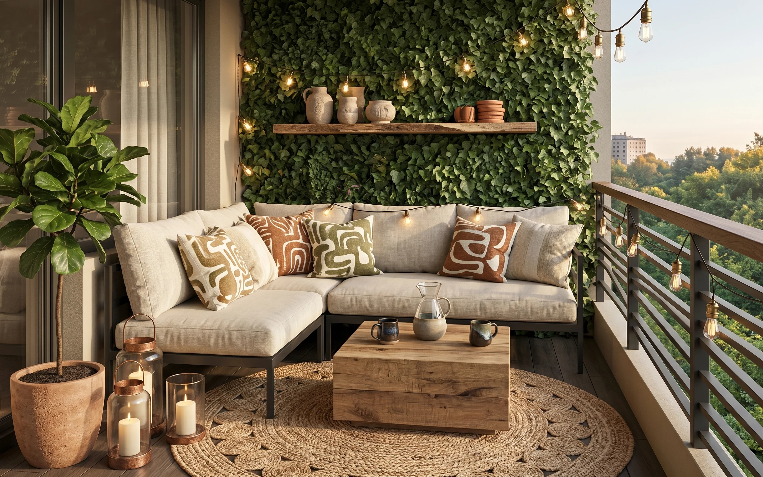 Balcony daybed corner with leafy green backdrop, beige rug, patterned pillows, string lights, and candles