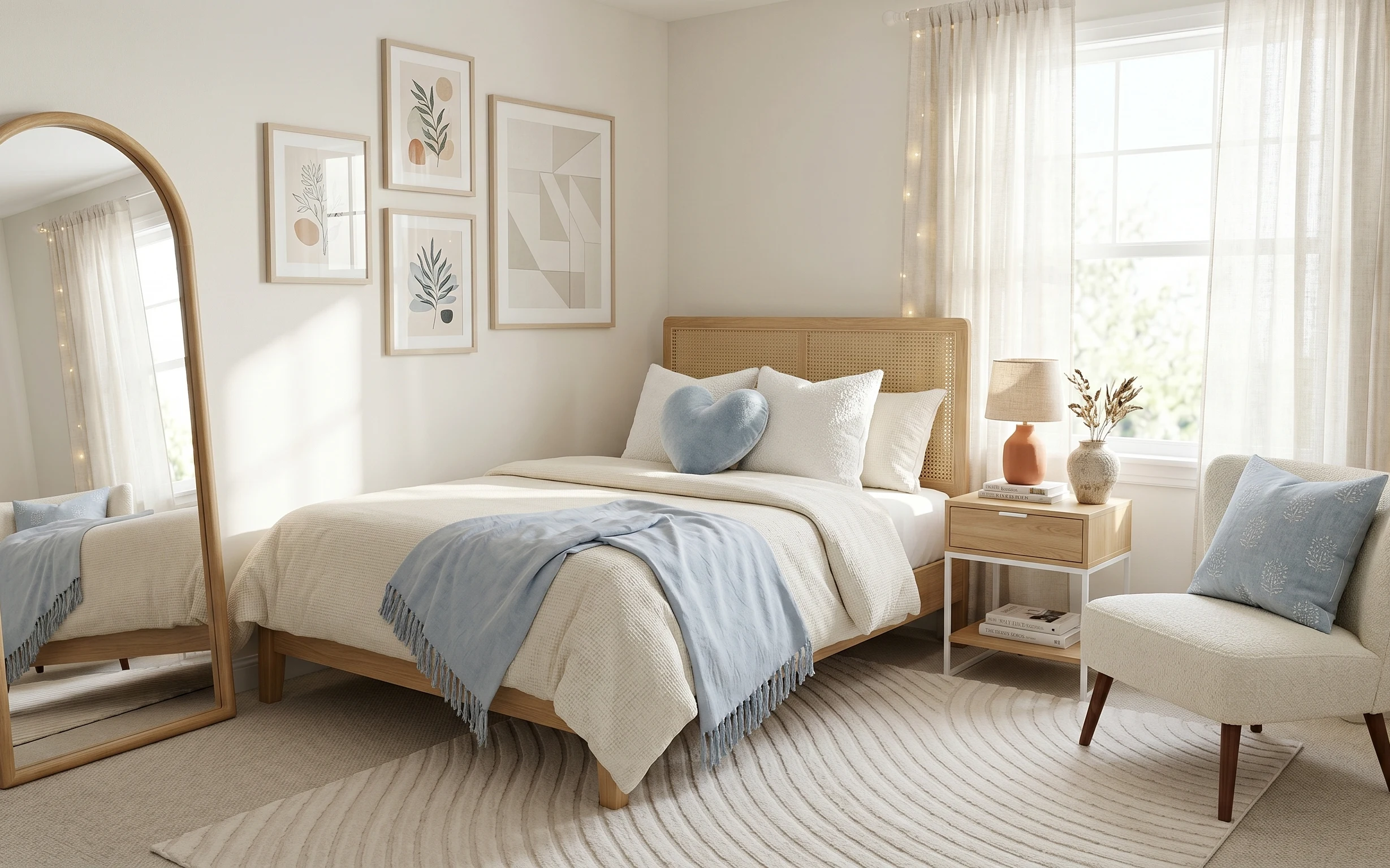 Bright bedroom sleeping corner with light blue throw, beige curtains, botanical wall art, and a wood nightstand