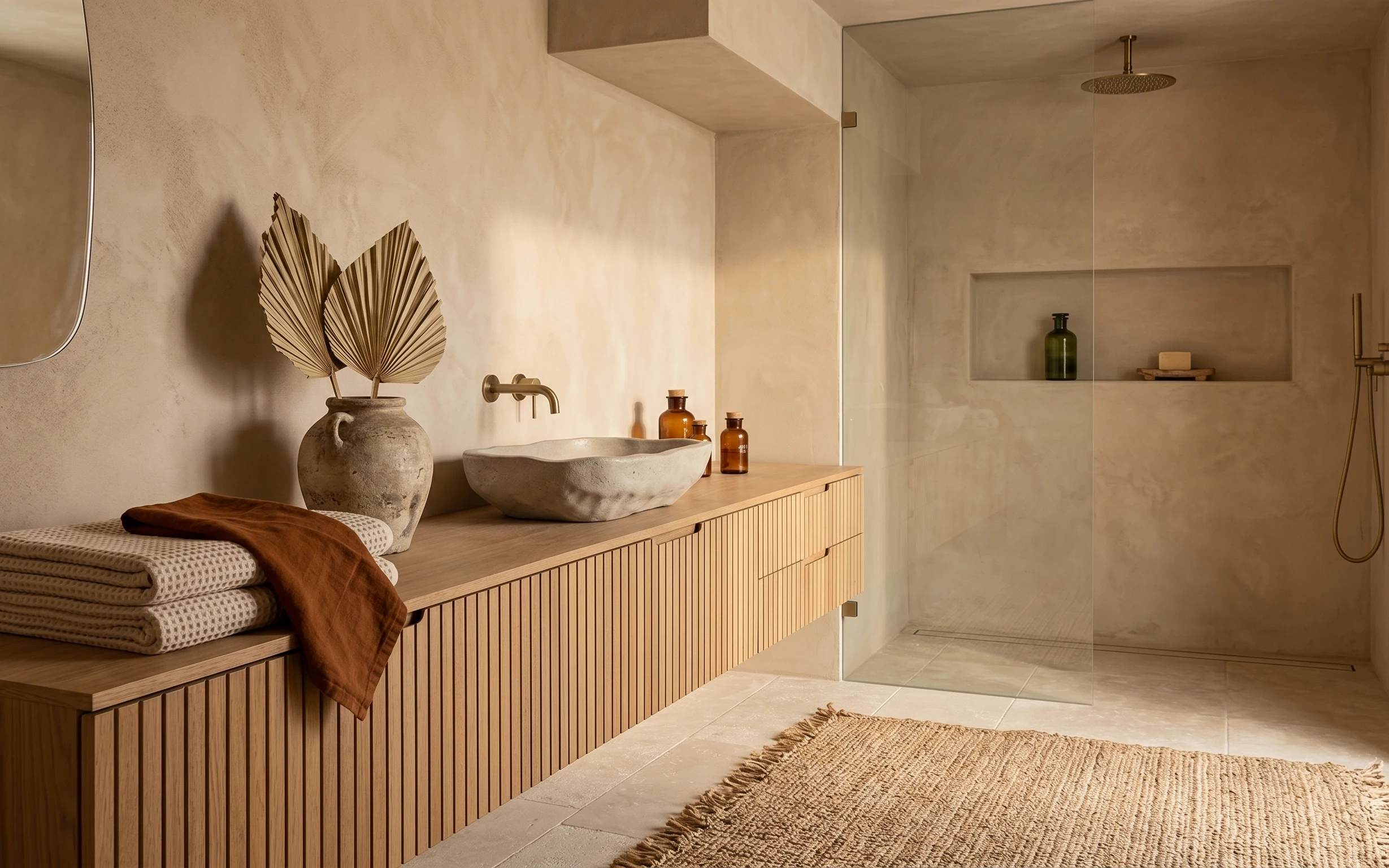Warm spa bathroom nook with ribbed wood vanity, brass faucet, amber bottles, towels, and a textured neutral rug
