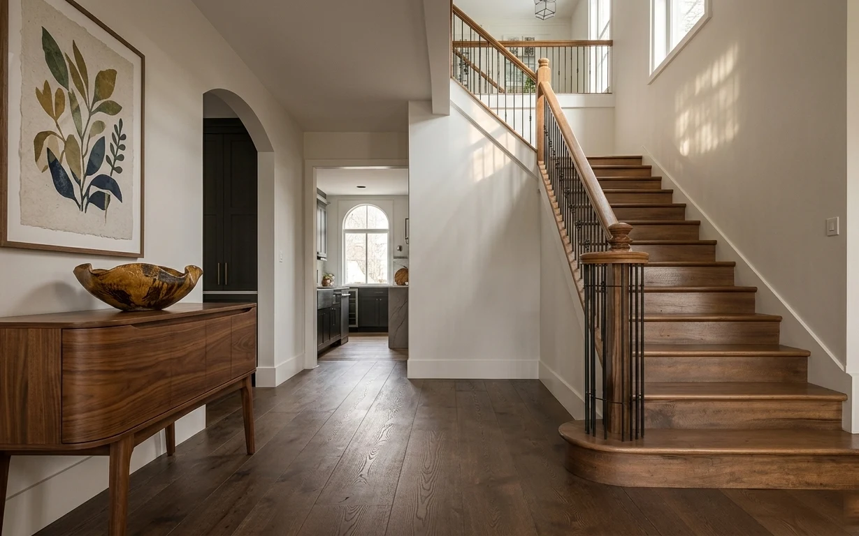 Warm walnut console with framed botanical print beside a dark wood staircase in a bright entry hallway