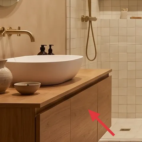 wood vanity with built-in drawers