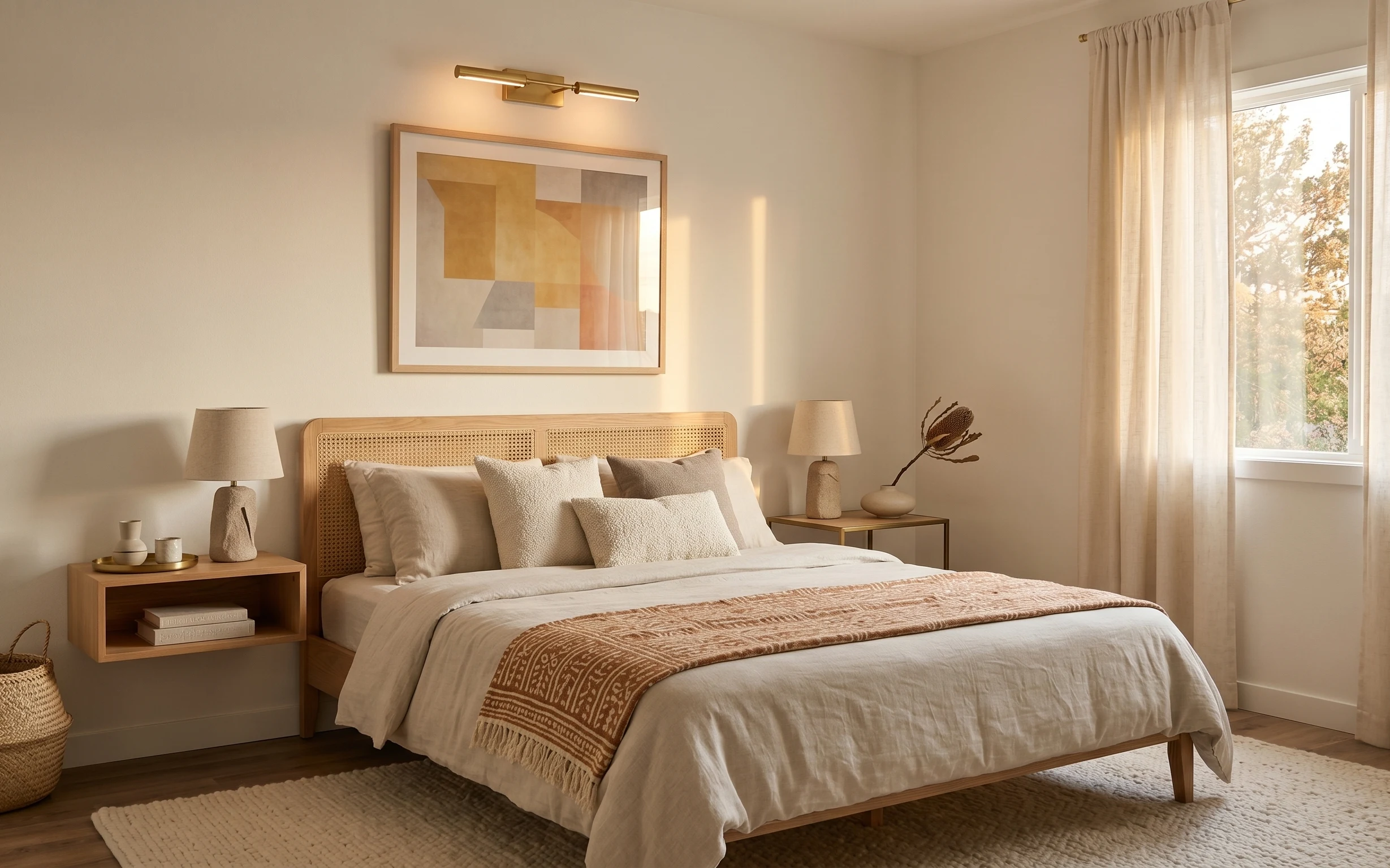 Warm neutral bedroom with cream pillows, rust patterned throw, sheer curtains, plug-in table lamps, and framed abstract art above the bed area.