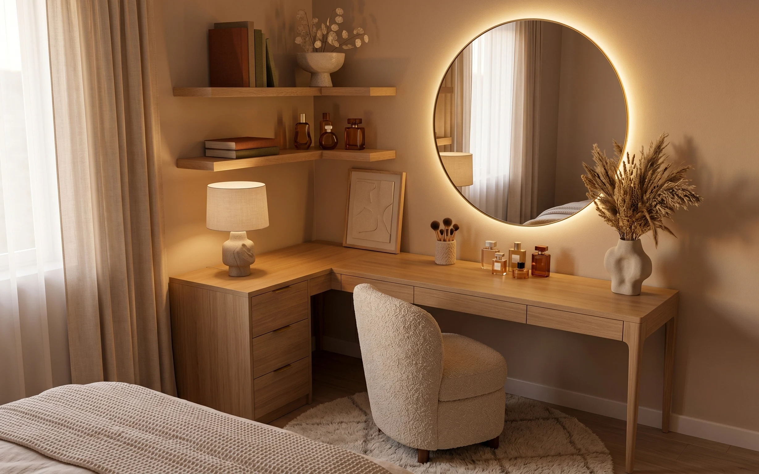 Warm beige bedroom dressing table nook with round mirror, floating shelves, cream rug, beige curtains, and a white lamp