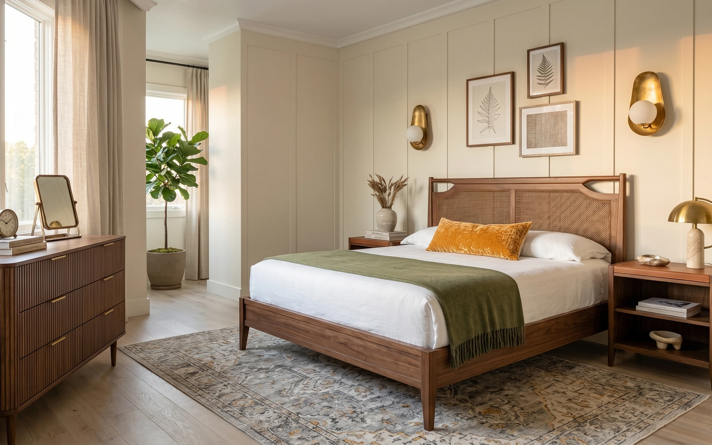 Primary bedroom with olive throw, cream linen curtains, patterned area rug, gold wall sconces, and framed botanical prints