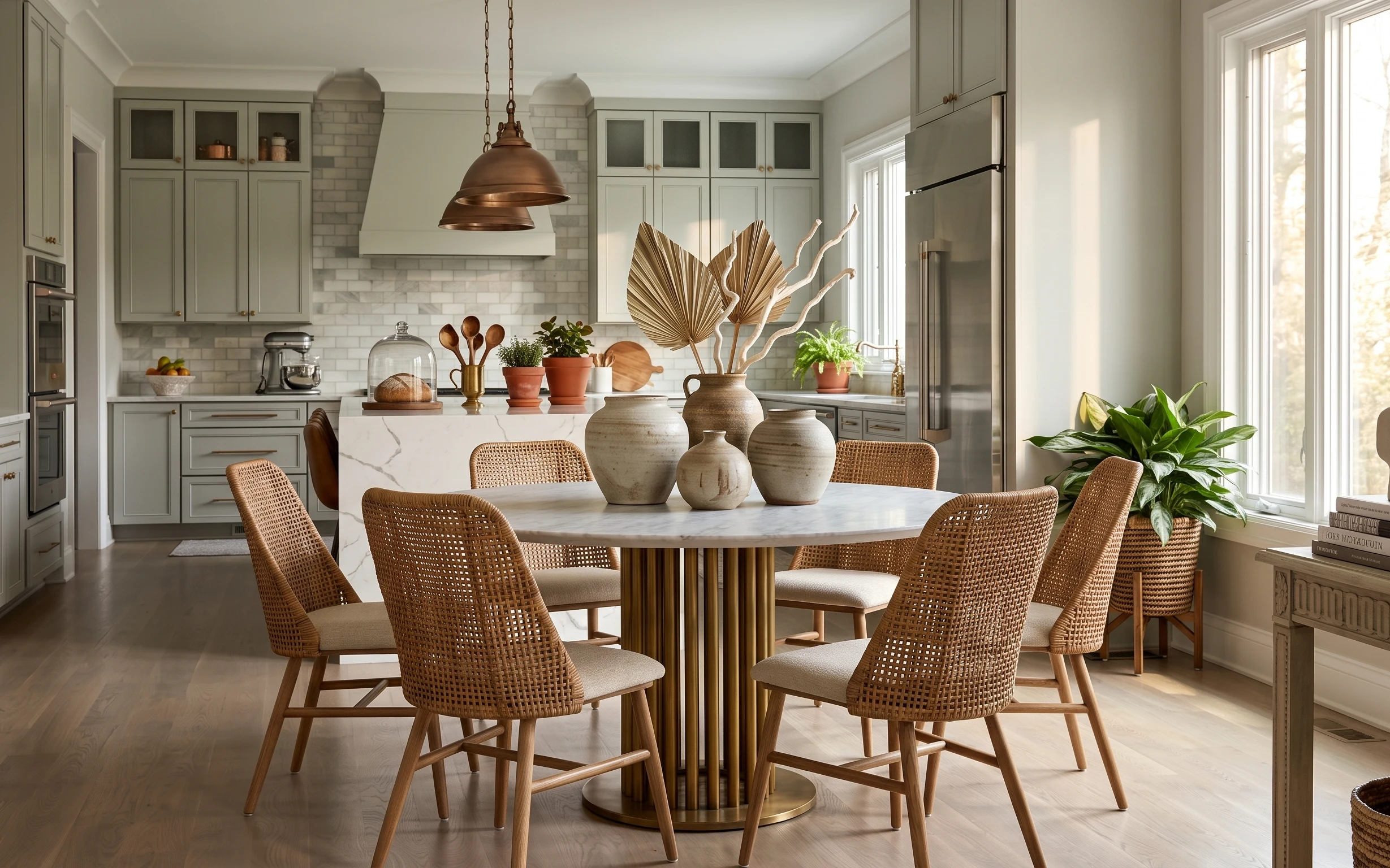 Bright kitchen-dining nook with rattan chairs, cream cushions, ceramic centerpiece, terracotta planters, and a glass cloche