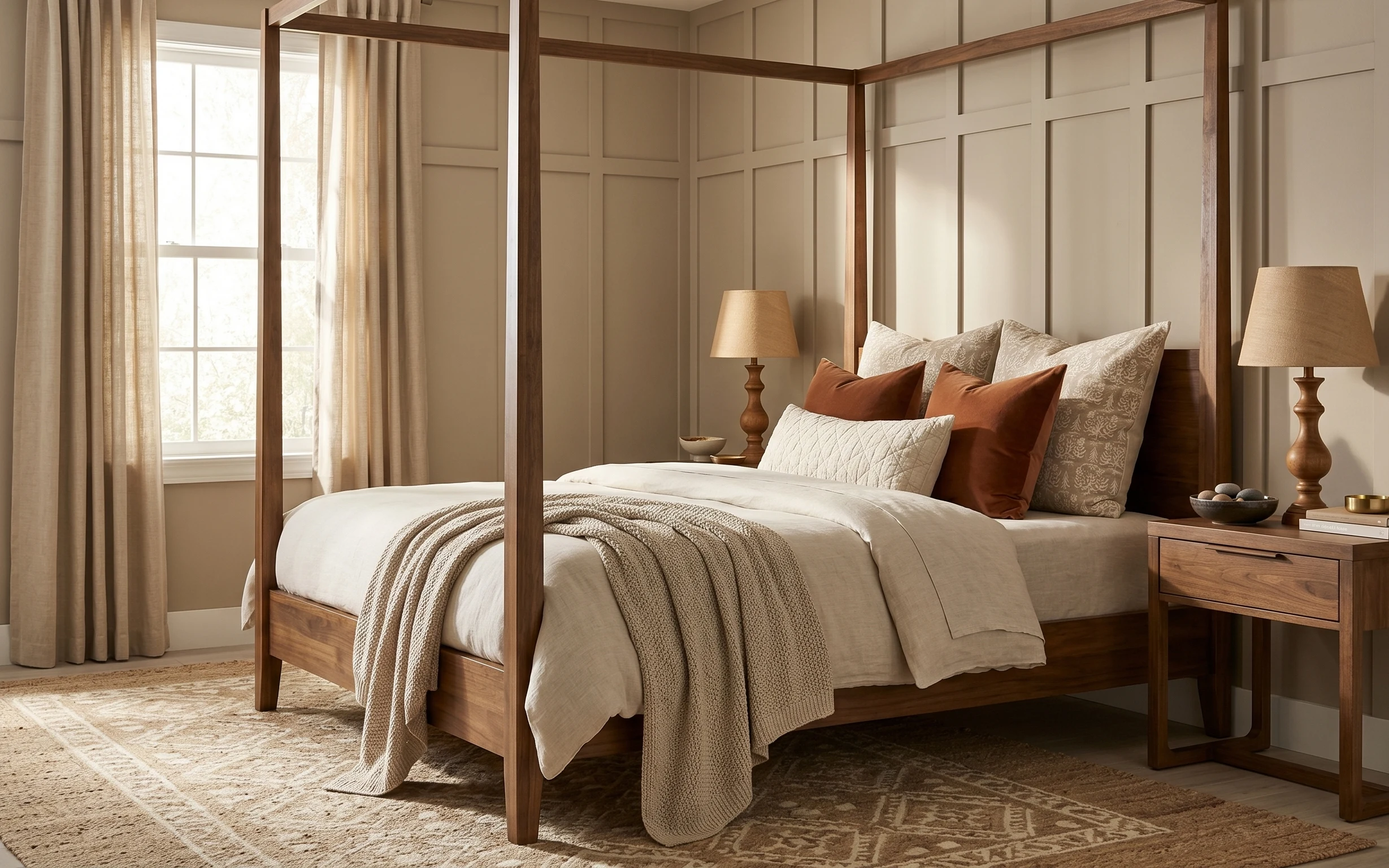 Warm-taupe bedroom with wood bed frame, paneled accent wall, beige curtains, layered pillows, and tan-shade lamps