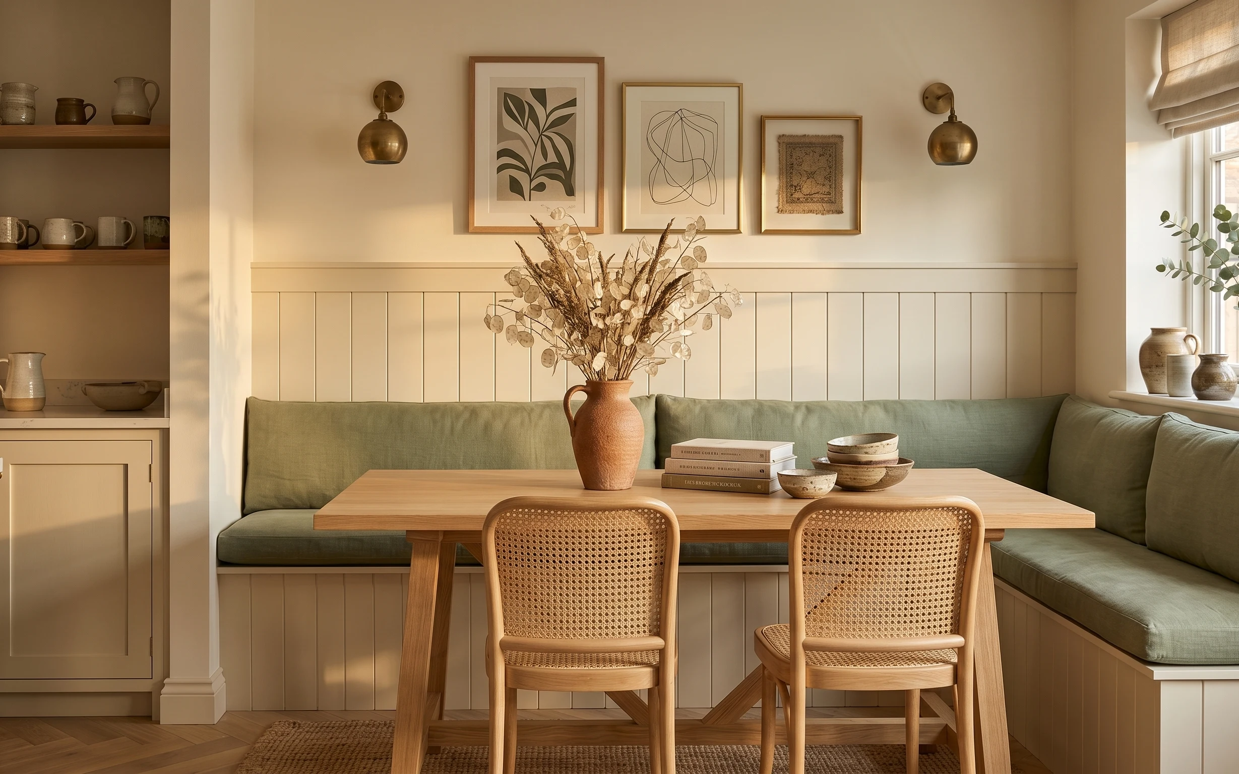 Banquette dining nook with olive pillows, warm wood table, jute rug, brass wall sconces, and framed botanical prints