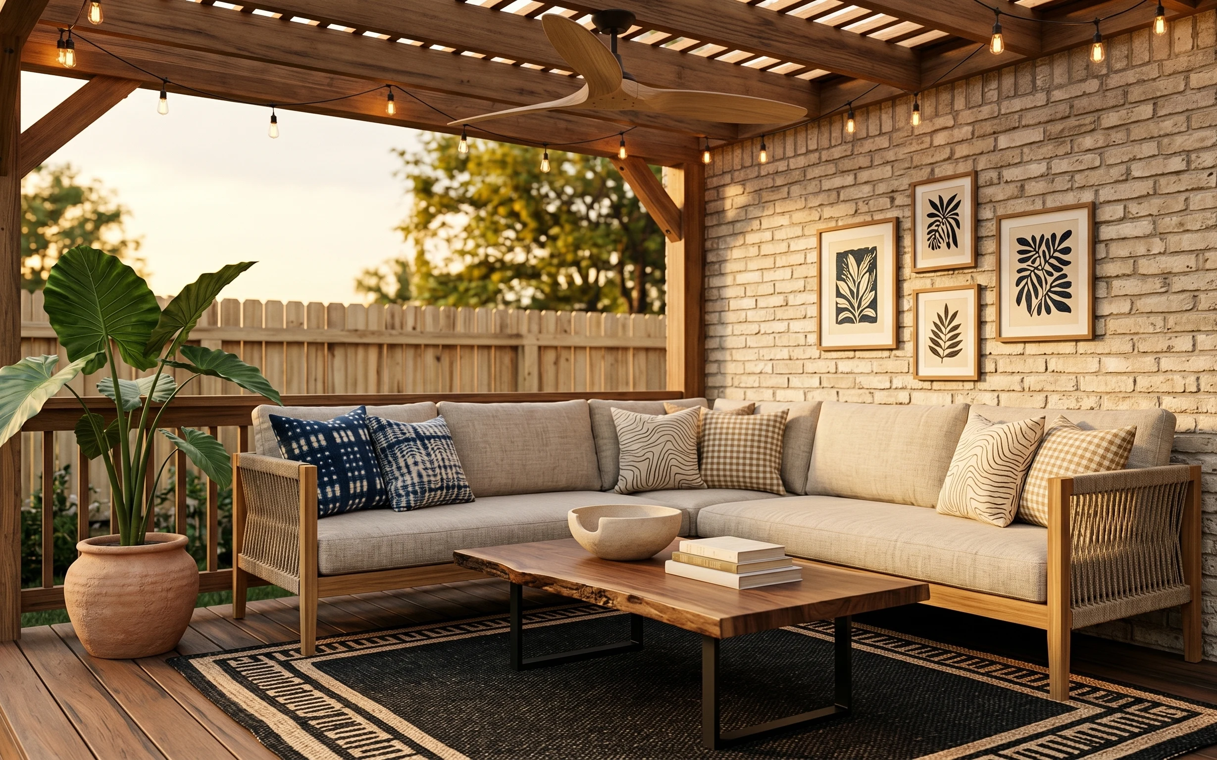 Boho outdoor patio seating nook with brick wall, wood coffee table, leafy plant, patterned rug, and framed botanical prints