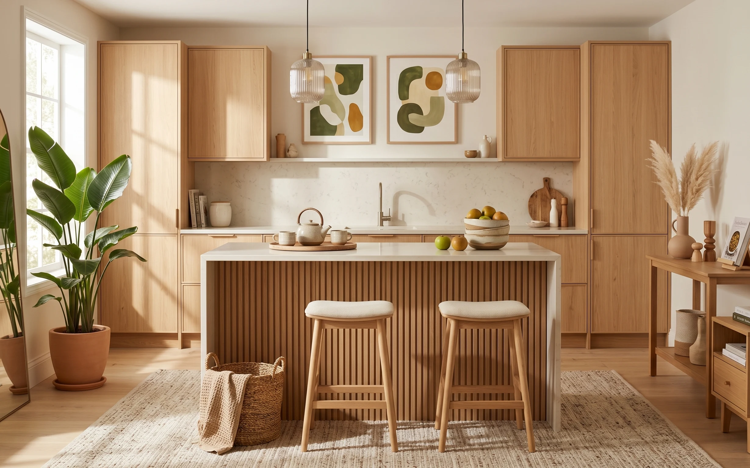 Bright kitchen breakfast bar with two glass pendants, wood cabinetry, abstract art, bar stools, and a woven rug