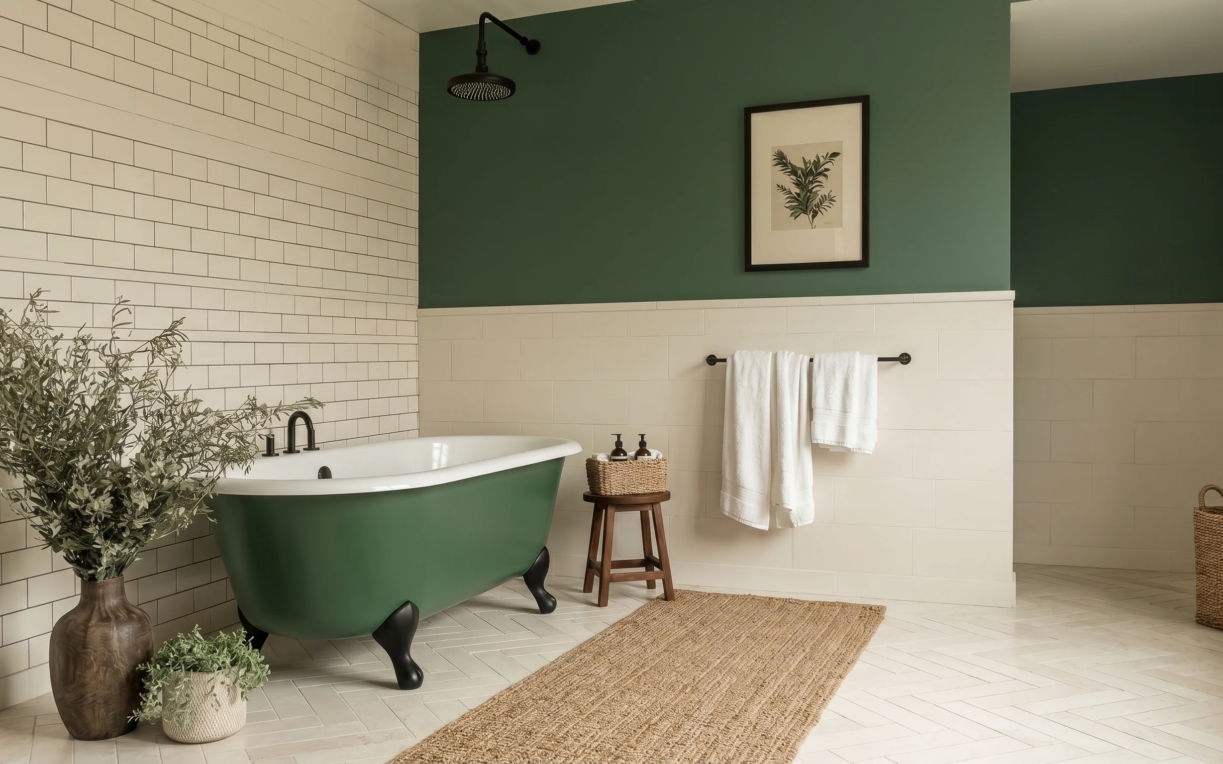Bathtub nook with sage-green wall paint, white subway tile, framed botanical art, towel bar, stool, and brown area rug