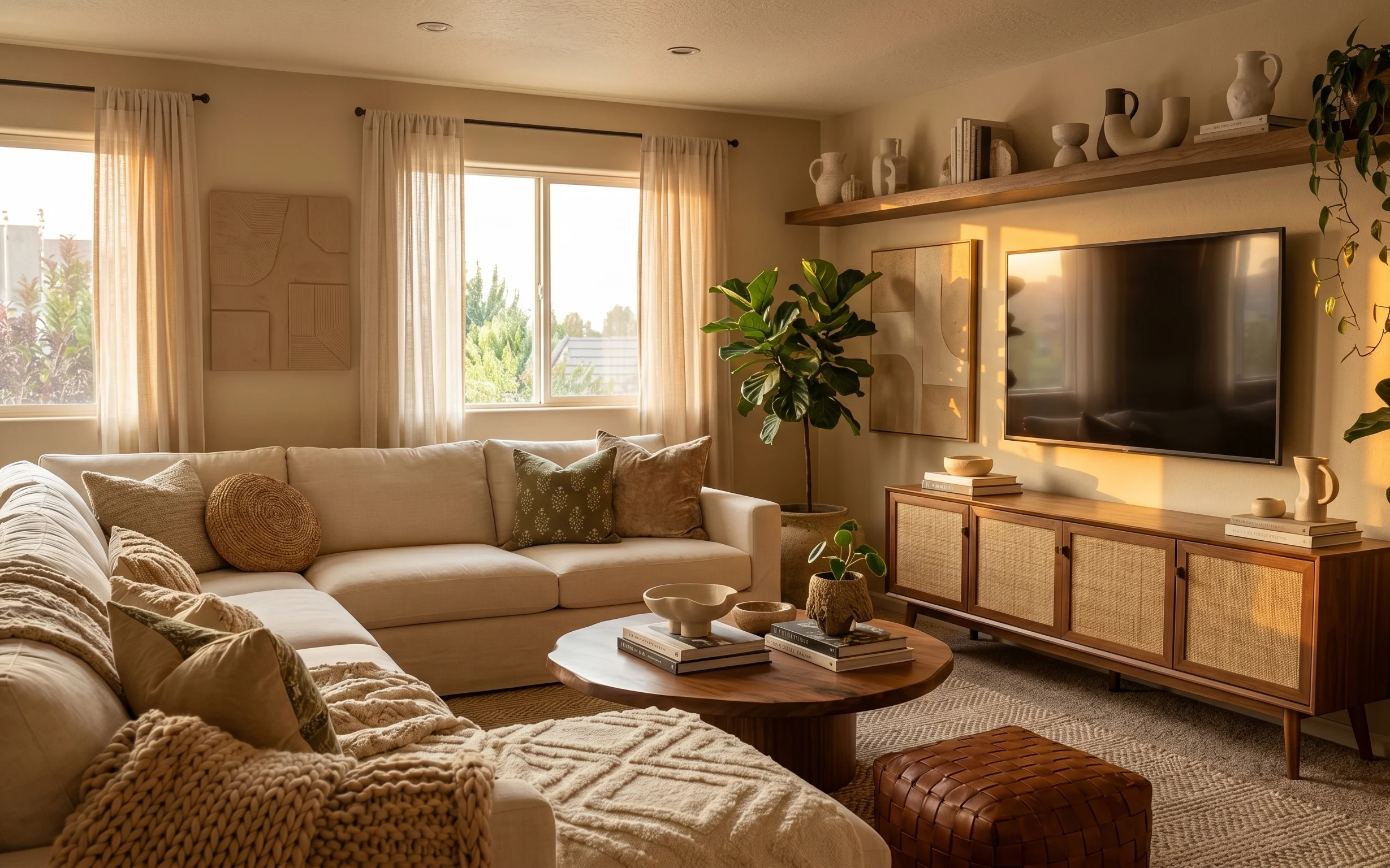 Warm beige living room with cream curtains, beige sofa, leafy plant, framed art, and a round wooden coffee table