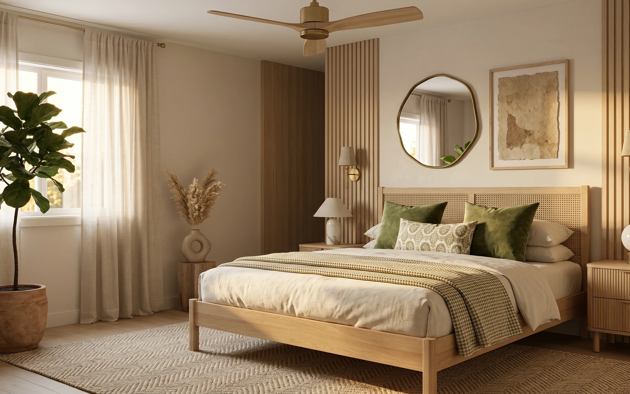 Japandi-style wood-paneled bedroom with cream curtains, brass mirror and sconce, and a bed styled in green and cream textiles