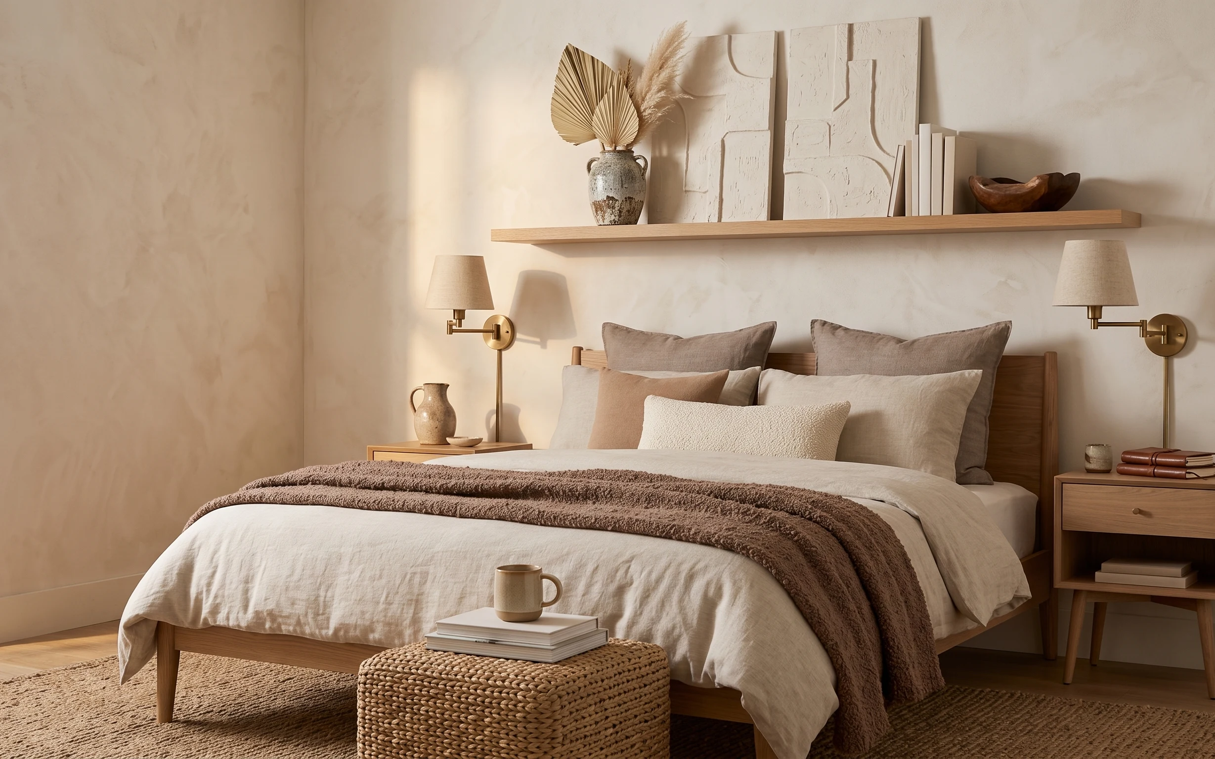 Warm cream bedroom with wood bed frame, woven ottoman, flat-weave rug, brass wall sconces, and floating wood shelf decor
