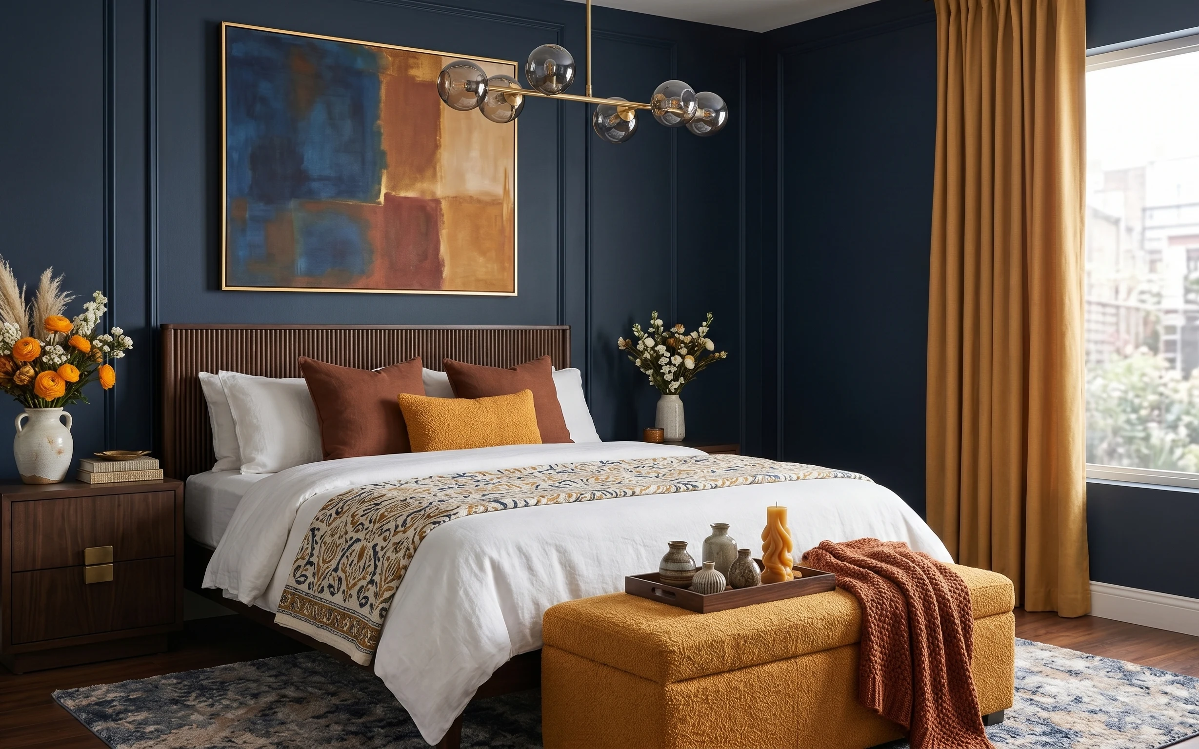 Navy bedroom sleep space with wood headboard, gold framed abstract art, warm curtains, patterned rug, and brass globe pendant
