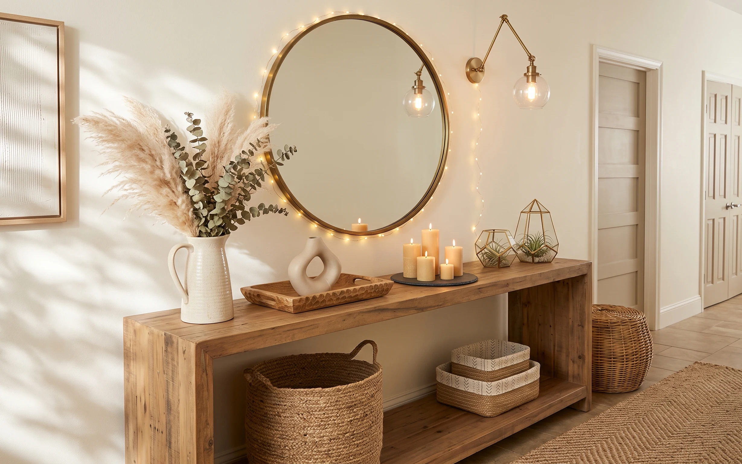 Warm wood entryway console with brass round mirror, globe sconce, string lights, candles, and woven baskets