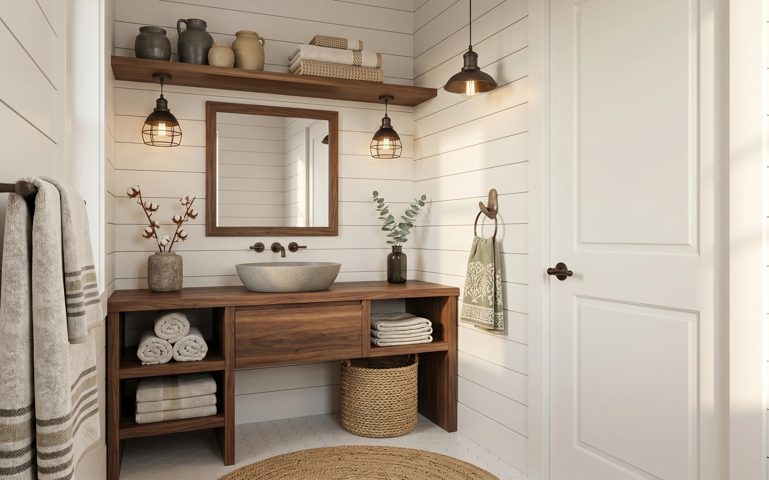 Bathroom vanity nook with wood vanity, framed mirror, shiplap-style walls, black cage pendant lights, and eucalyptus in a jar