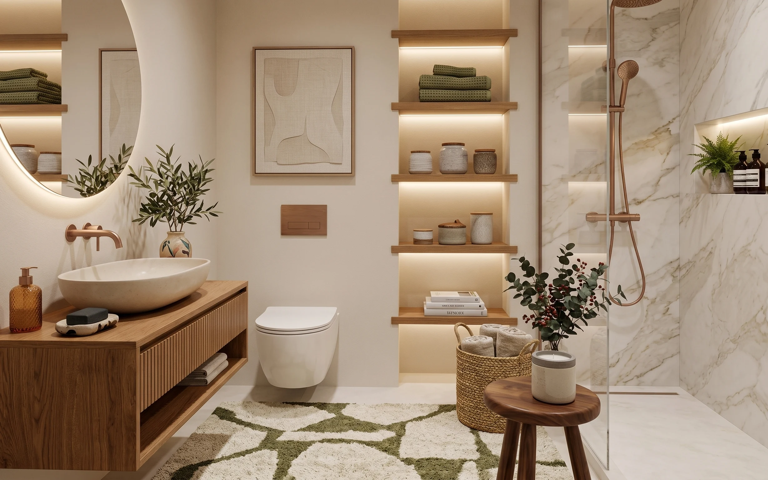 Warm wood bathroom vanity with oval LED mirror, floating shelves, marble shower, olive towels, and a green patterned rug